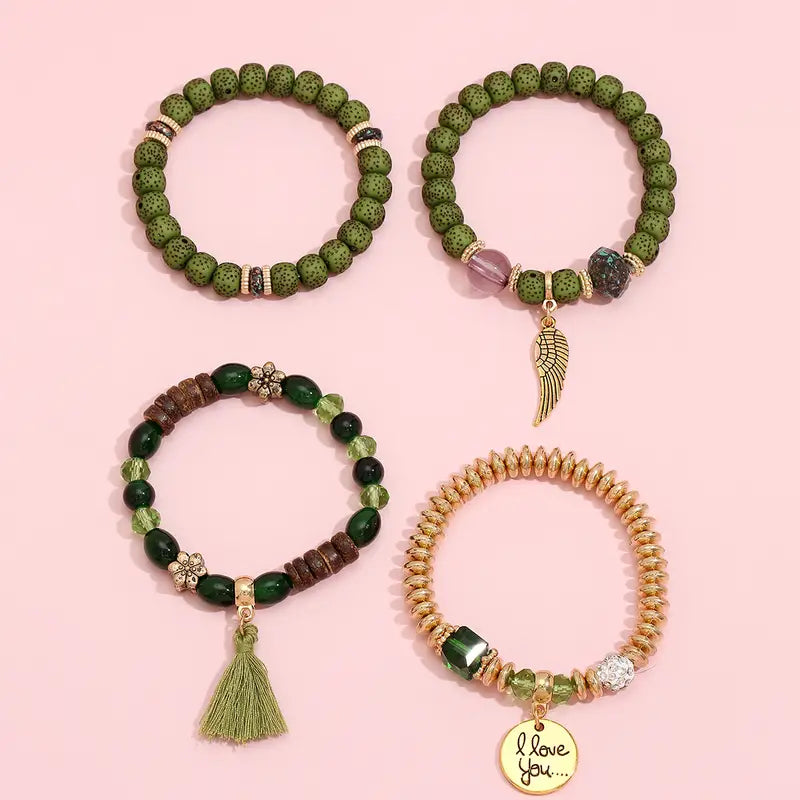 Tassel & Wing Charm Beaded Bracelet Set, 4pcs (Green)