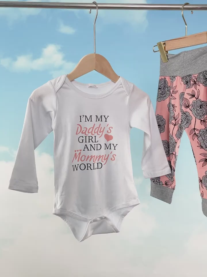 Load and play video in Gallery viewer, I'M MY DADDY'S GIRL AND MY MOMMY'S WORLD Baby Girl Clothes Baby Romper +Pants + Headband + Hat Outfit Set