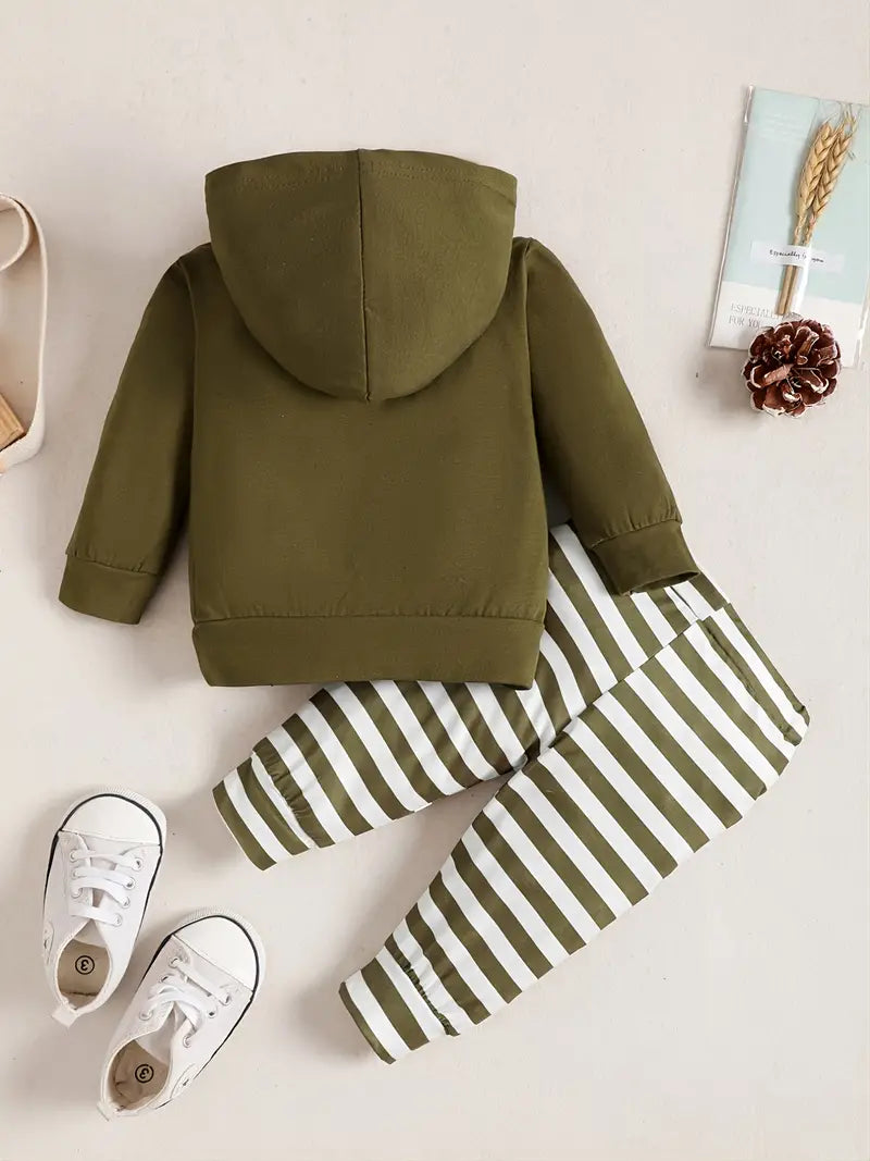 "Straight Up Mama's Boy" 2pc Long Sleeve Hooded Sweatshirt + Striped Trousers Set for Baby Boy