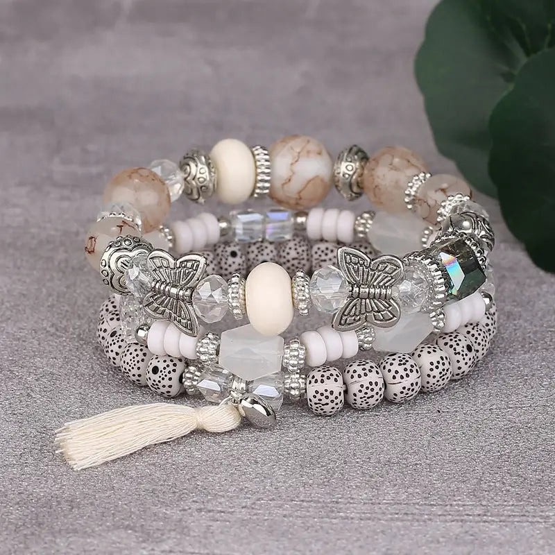 Tassel Butterfly Pendant Multilayer Bracelet Simple Multi-Circle Bead Bracelet Bohemian Bracelet (3pcs)