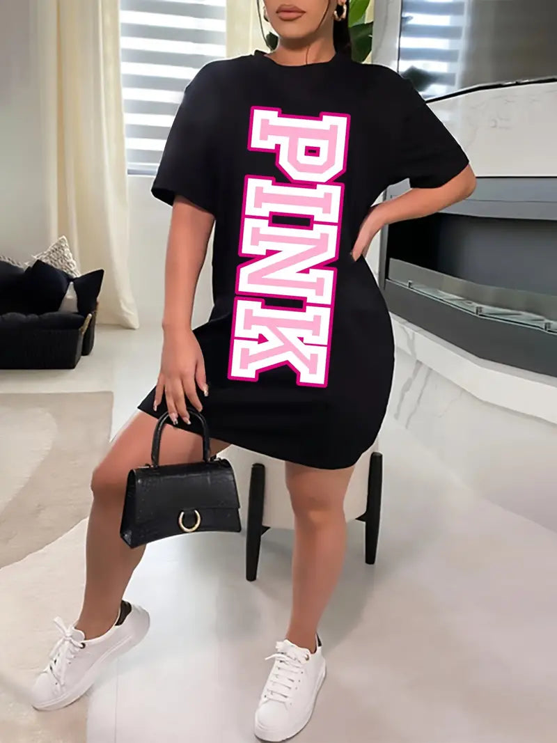 PINK Plus Size Letter Print Short Sleeve Tee Dress, Women's Plus High Stretch Casual Mini Dress