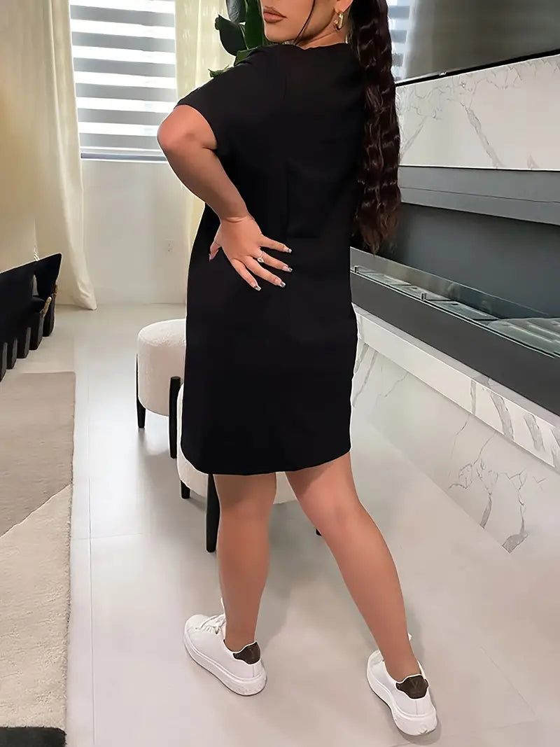 PINK Plus Size Letter Print Short Sleeve Tee Dress, Women's Plus High Stretch Casual Mini Dress