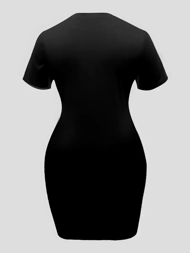 PINK Plus Size Letter Print Short Sleeve Tee Dress, Women's Plus High Stretch Casual Mini Dress