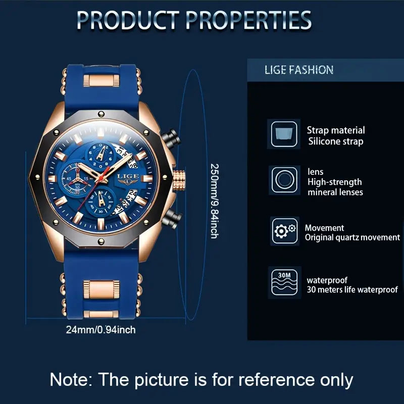 LIGE Men’s Watches Brand Luxury Silicone Strap Waterproof Sport Quartz Watch Men Chronograph Military Clock