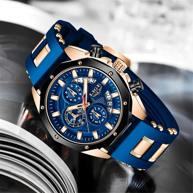 LIGE Men’s Watches Brand Luxury Silicone Strap Waterproof Sport Quartz Watch Men Chronograph Military Clock