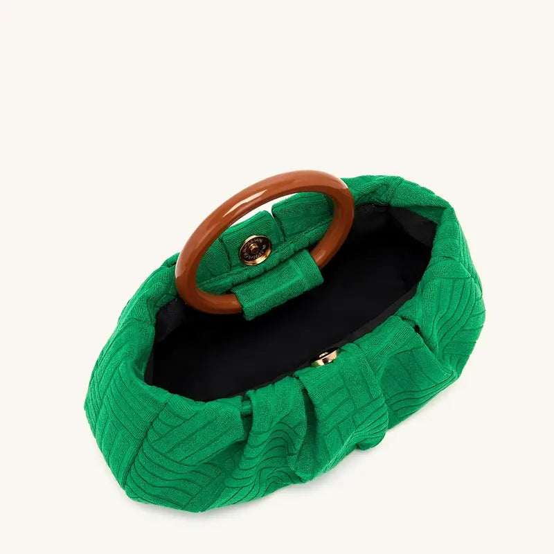 Top Handle Ruched Bag, Green Jacquard Fabric Handbag, Women's Elegant Clutch Purse (9.84*6.3*2.36) Inch