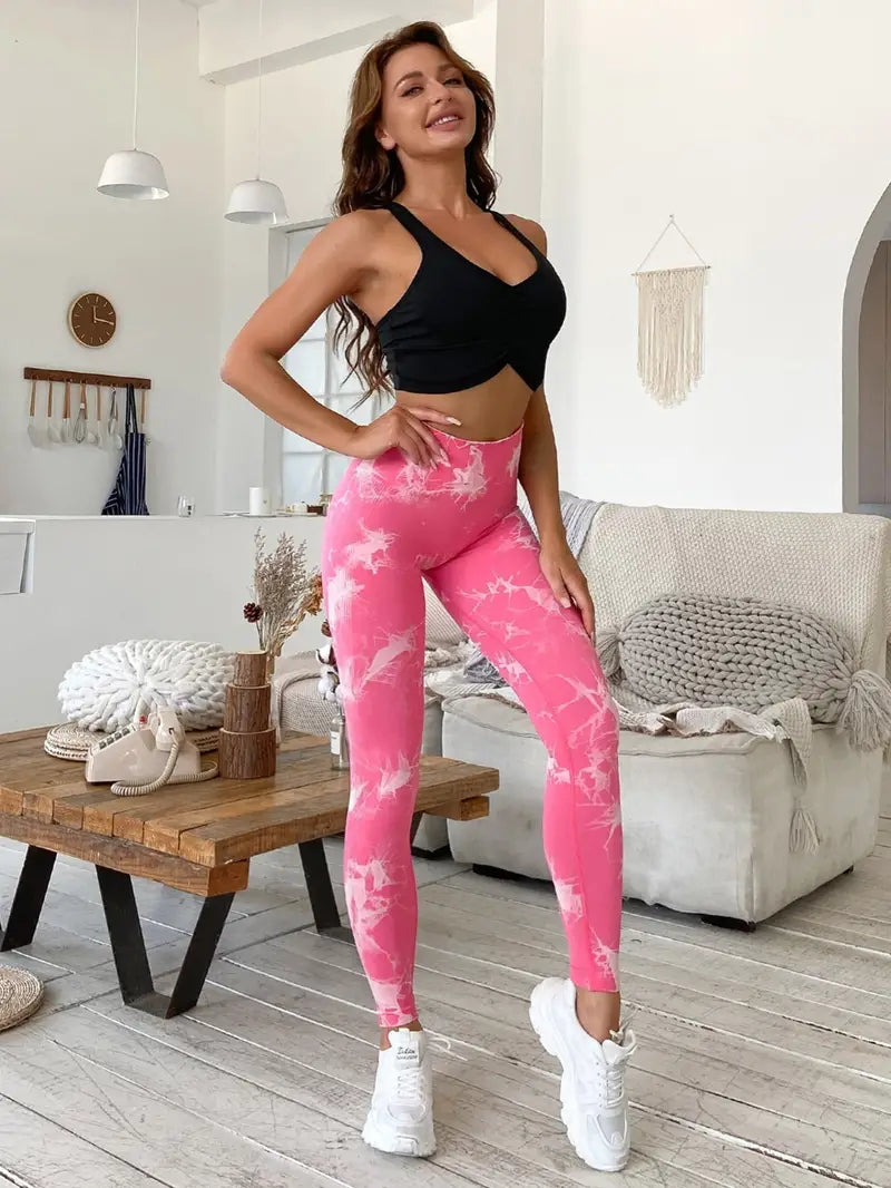 Butt-Lifting Fitness Yoga Pants, Stretchy High Waist Slimming Leggings, Marble / Tie Dye Pattern