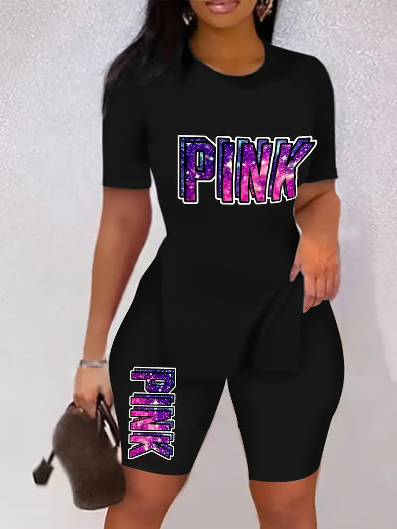 PINK Letter Print Two-piece Set for Spring & Summer, Short Sleeve Side Split Casual T-Shirt & Shorts For Spring & Summer