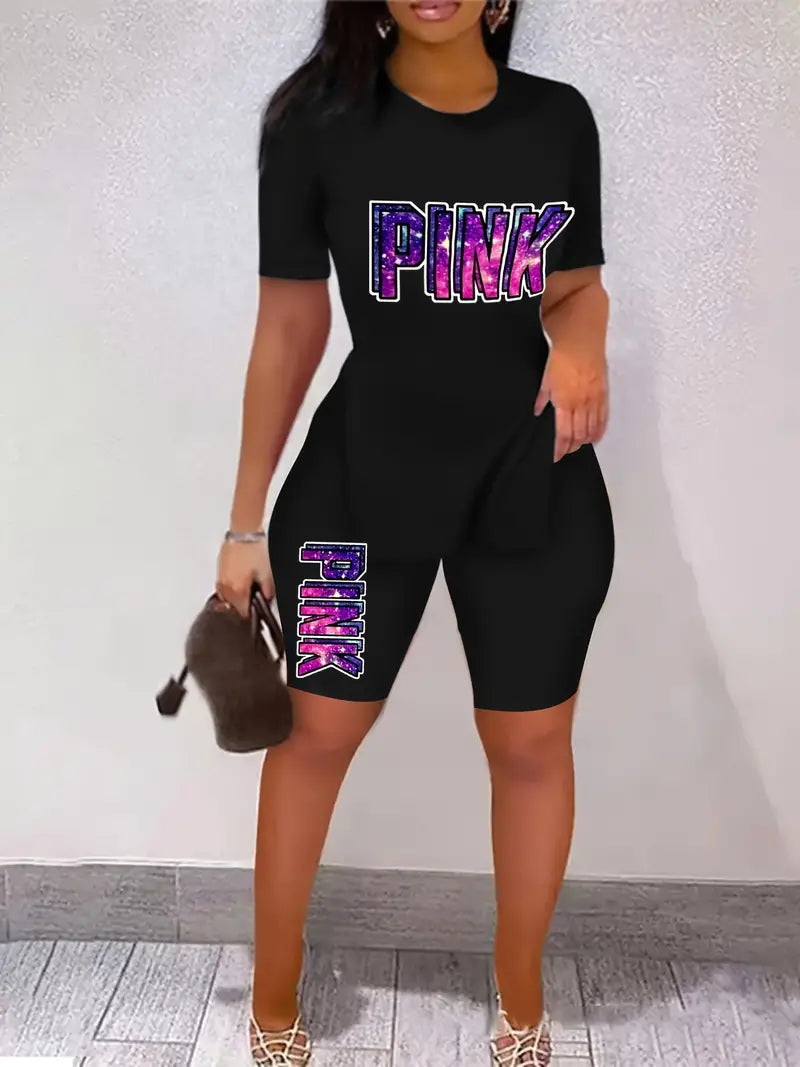 PINK Letter Print Two-piece Set for Spring & Summer, Short Sleeve Side Split Casual T-Shirt & Shorts For Spring & Summer