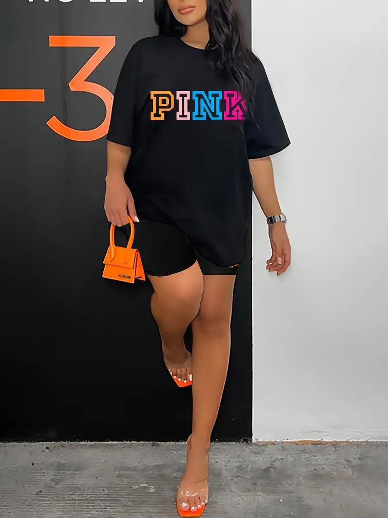PINK Stylish Letter Print Two-piece Set, Crew Neck Half Sleeve T-shirt & Workout Bodycon High Waist Shorts Set