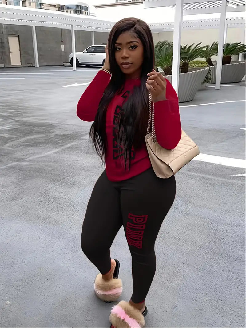 PINK Plus Size Letter Print Long Sleeve Top & Legging Set, Women's Plus Slight Stretch 2pcs Set Outfits