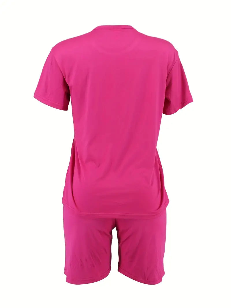 PINK Rhinestone Letter Print Casual Two-piece Set, Crew Neck Short Sleeve T-shirt & Workout Bodycon Shorts Set
