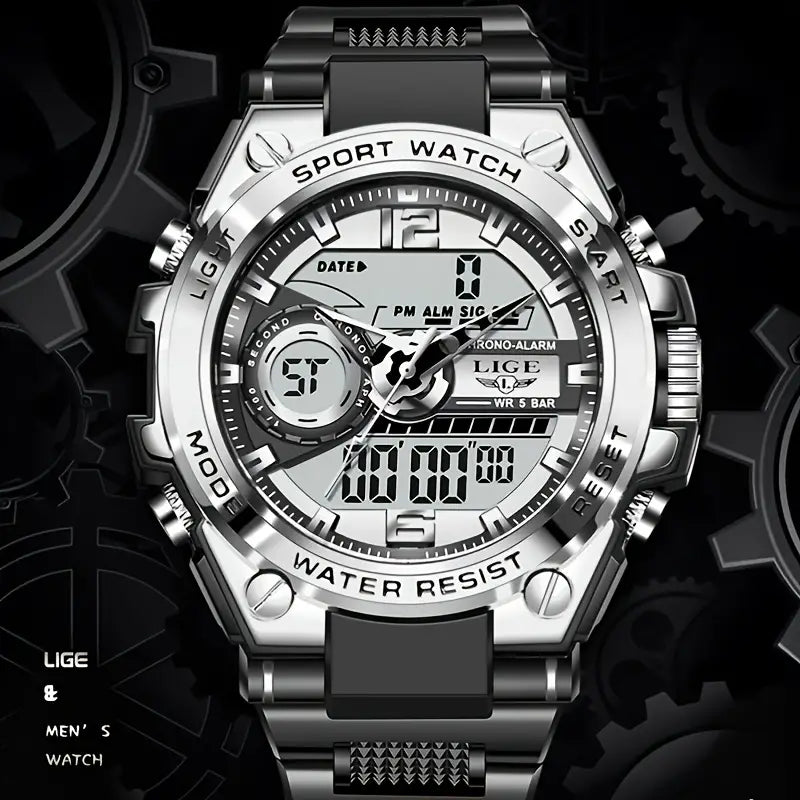 LIGE Men Digital Military Waterproof Watch (Silvery)