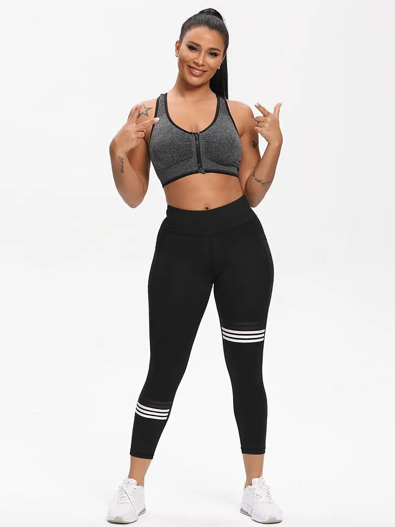 Black High Waist Yoga Leggings, Stretchy Stripes Slimming Fitness Gym Sports Pants with Pockets