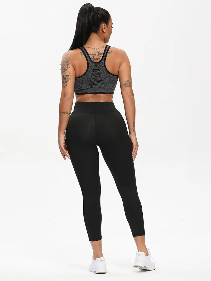 Black High Waist Yoga Leggings, Stretchy Stripes Slimming Fitness Gym Sports Pants with Pockets