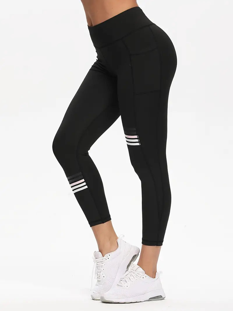 Black High Waist Yoga Leggings, Stretchy Stripes Slimming Fitness Gym Sports Pants with Pockets
