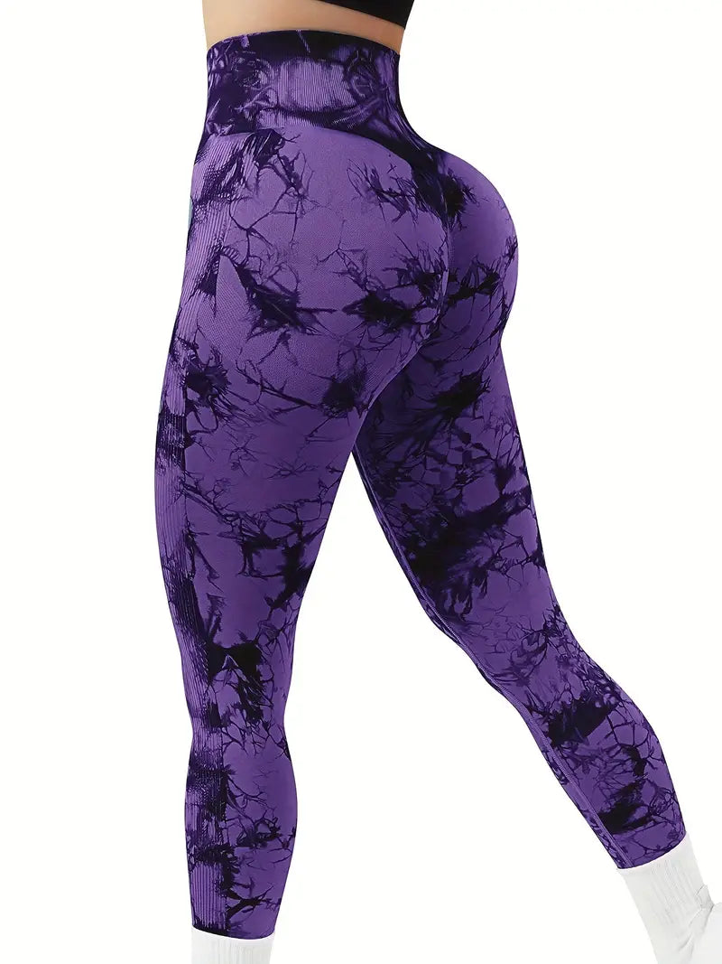 Butt-Lifting Fitness Yoga Pants, Stretchy High Waist Slimming Leggings, Marble / Tie Dye Pattern