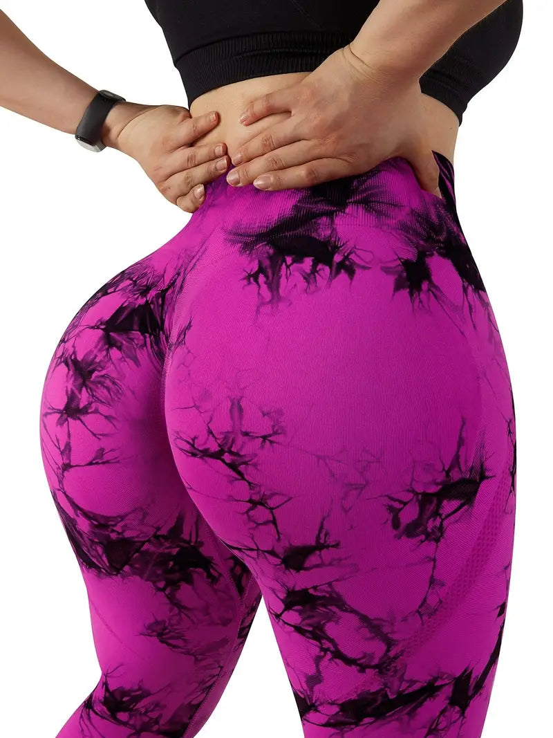 Butt-Lifting Fitness Yoga Pants, Stretchy High Waist Slimming Leggings, Marble / Tie Dye Pattern