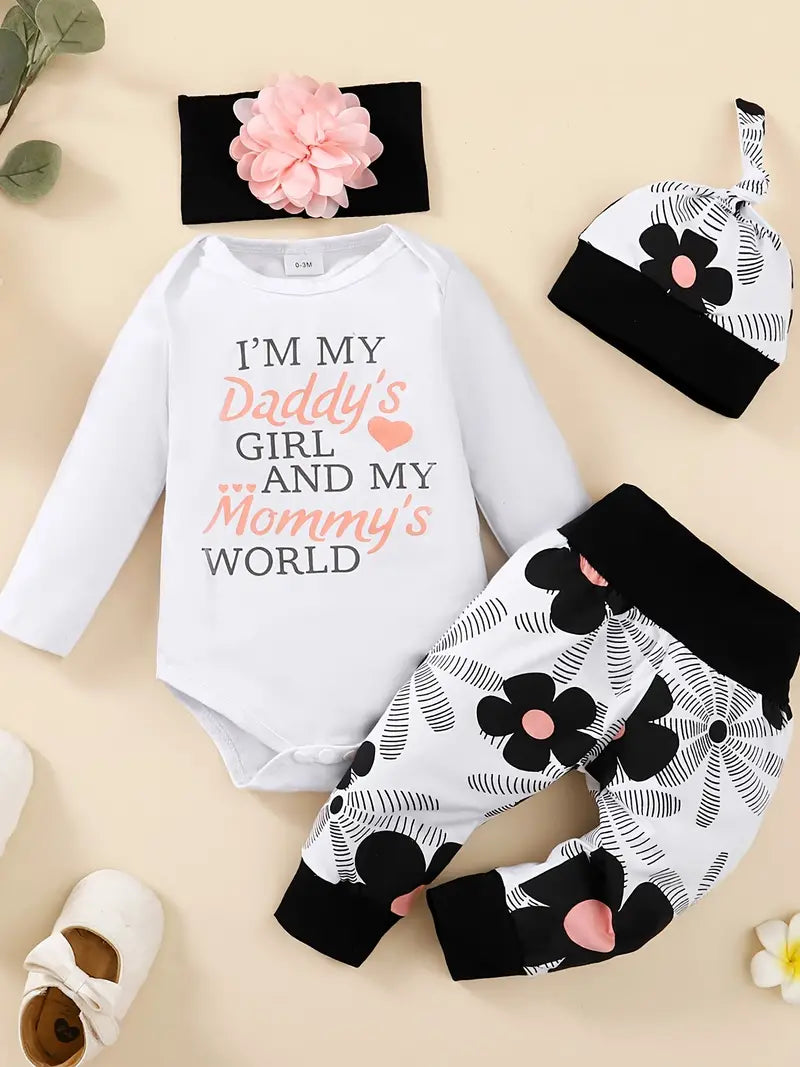 I'M MY DADDY'S GIRL AND MY MOMMY'S WORLD Baby Girl Clothes Baby Romper +Pants + Headband + Hat Outfit Set