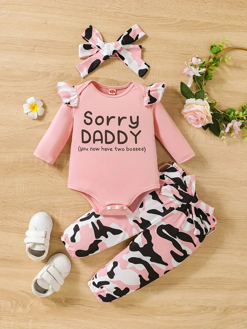 "Sorry DADDY" Print & Camouflage Print Pants & Bow Headband Set, Baby Girls Cute Casual Romper