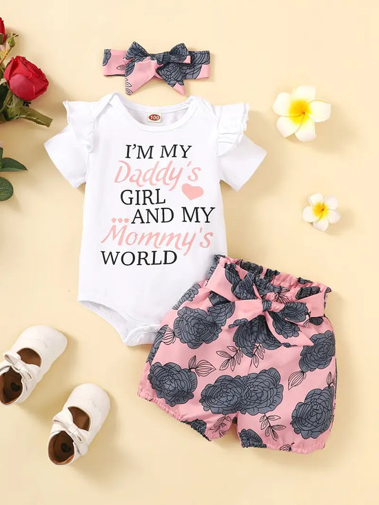 "I'm My Daddy's Girl and My Mommy's World" 3pcs Baby Girls Short Sleeve Onesie & Floral Shorts & Headband Set Clothes