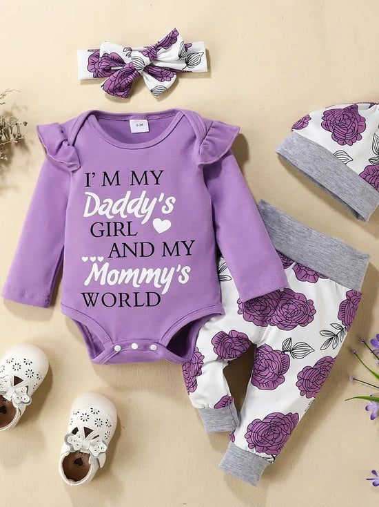 I'M MY DADDY'S GIRL AND MY MOMMY'S WORLD Baby Girl Clothes Baby Romper +Pants + Headband + Hat Outfit Set