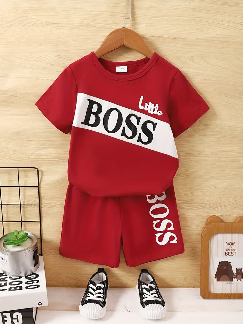 LITTLE BOSS Boys Color Block Outfit Short Sleeves Round Neck T-shirt & Shorts Casual for Summer Kids Clothes