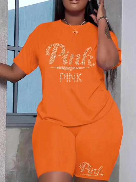 PINK Rhinestone Letter Print Casual Two-piece Set, Crew Neck Short Sleeve T-shirt & Workout Bodycon Shorts Set
