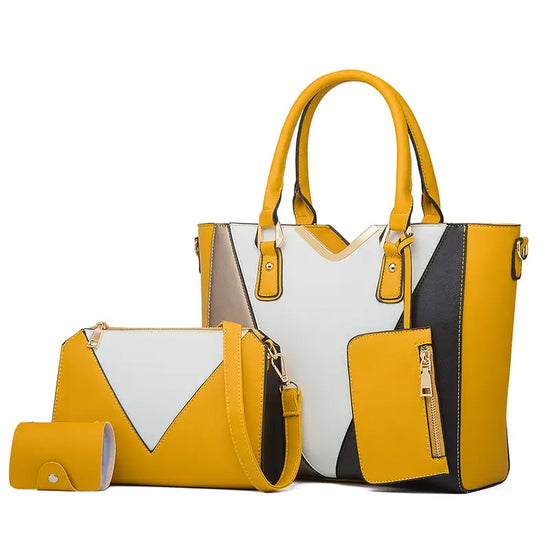 Faux Leather Tote Bag Set, Women's Fashion Tote Bag & Shoulder Bag & Clutch Bag & Card Holder (YELLOW)