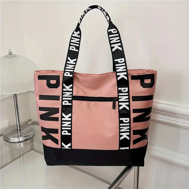 PINK Letter Graphic Tote Bag, Large-capacity Sports Gym Bag, Casual Nylon Travel Luggage Bag