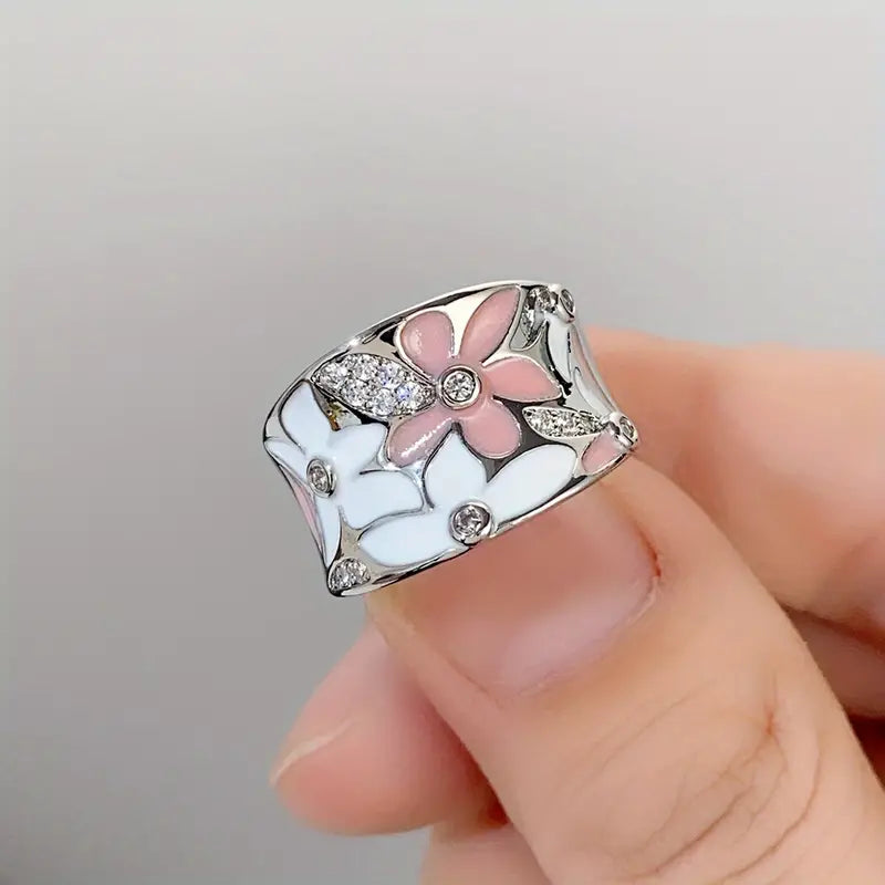 Gorgeous Silver-Plated Zircon Pink Enamel Flower Ring
