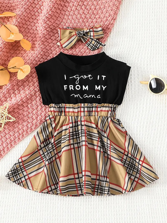 "I Got It from My Mama” Baby Girls Cotton Sleeveless Plaid Dress with Headband Baby Clothes Summer