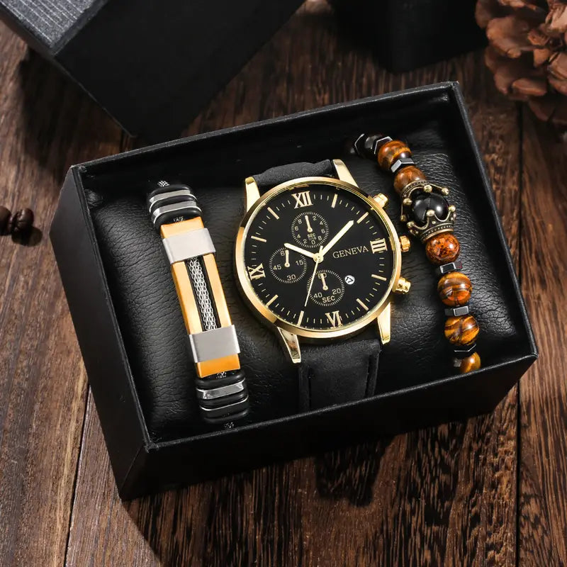 3pcs/set Men's Casual Analog Watch and Classic Bracelets Set (1 Watch+2 Bracelets)