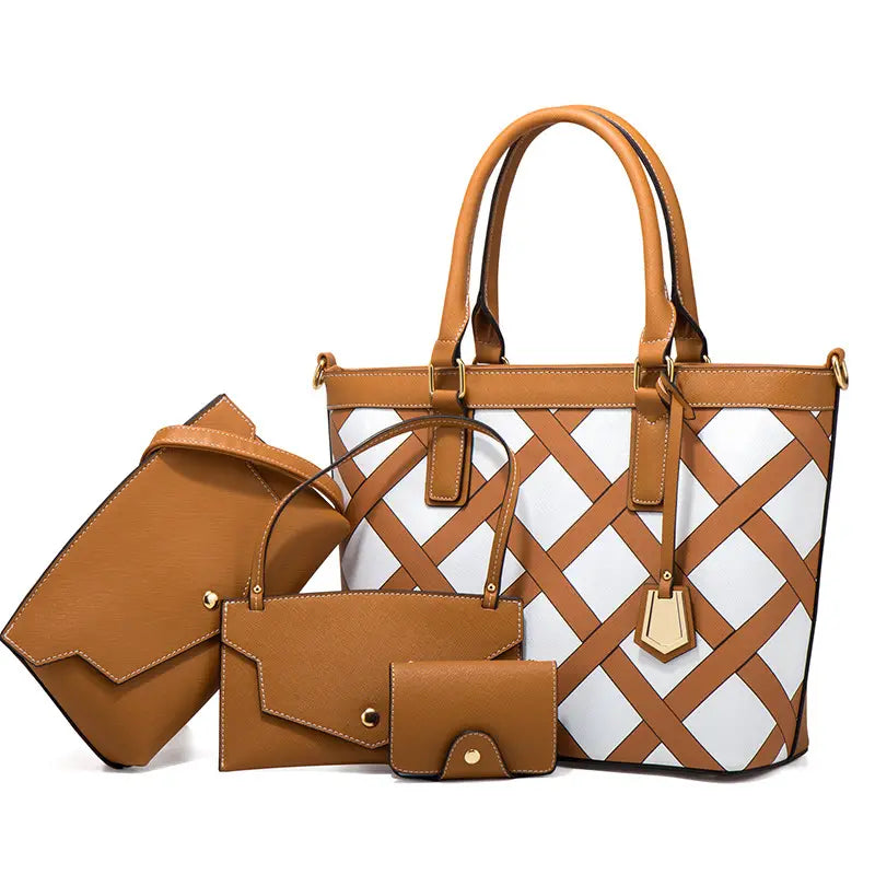 4pcs Rhombus Pattern Tote Bag Set, Women's Shoulder Handbag & Crossbody Purse & Clutch Bag & Card Bag