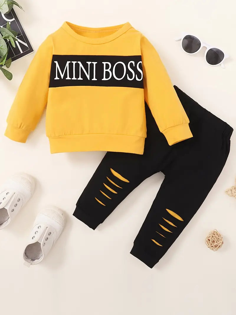 "MINI BOSS" Boys Color Block Letter Print Pullover Top + Pants Set Baby Clothes