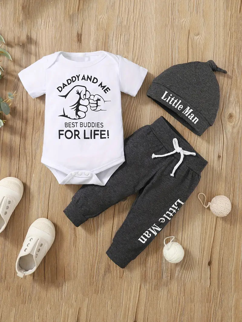 “Daddy and Me Best Buddies for Life” 3pcs Baby Boys Casual Letter Graphic Print Short Sleeve Onesie & Pants & Hat Set Clothes