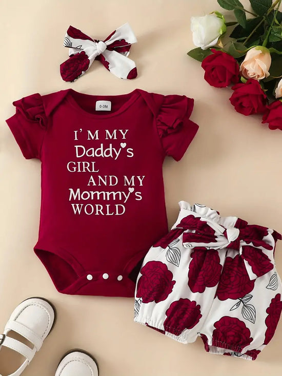 "I'm My Daddy's Girl and My Mommy's World" 3pcs Baby Girls Short Sleeve Onesie & Floral Shorts & Headband Set Clothes