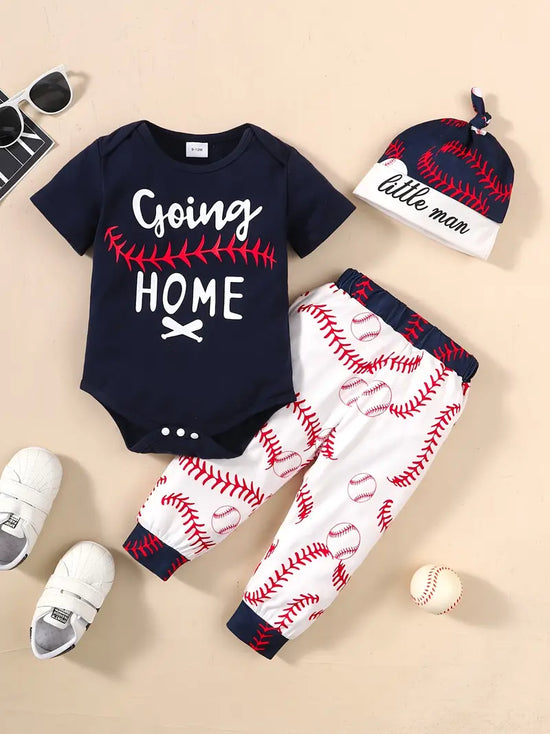 "GOING HOME" Graphic Bodysuit Onesies & Elastic Waist Baseball Graphic Pants & Hat Set, 3pcs Toddler