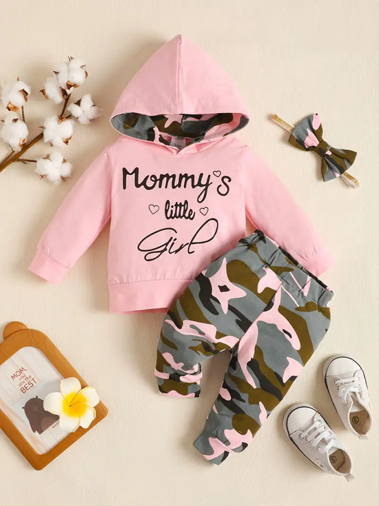 "Mommy's Little Girl" Camouflage Hooded Sweater + Hairband Three-piece Set, Baby Girls Casual Set