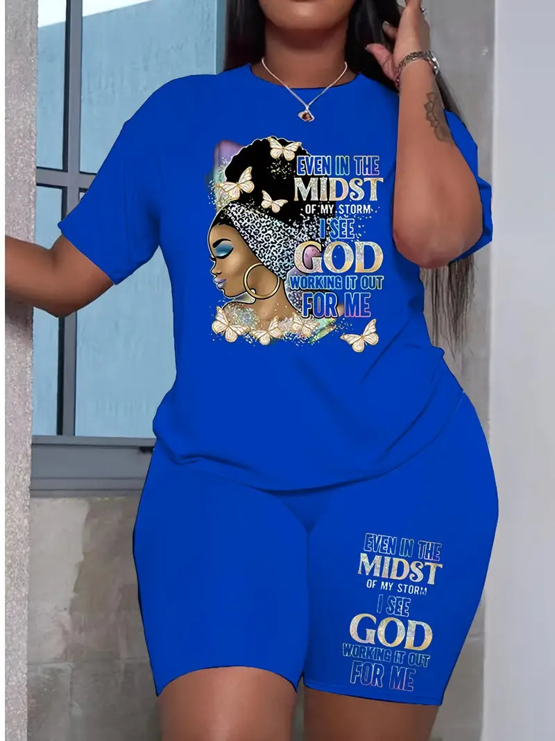 "Even in the Midst of my Storm I See GOD Working It Out for Me" - Butterfly & Letter Print Two-piece Set, Crew Neck Short Sleeve T-Shirt & Shorts 2pcs Outfit.