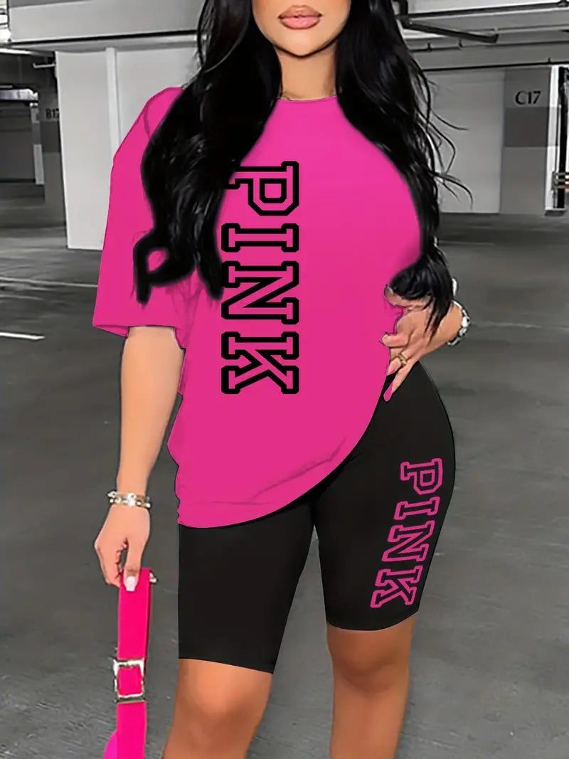 PINK - Letter Print, Short Sleeve Drop Shoulder Casual T-Shirt & Shorts 2pc Outfit.