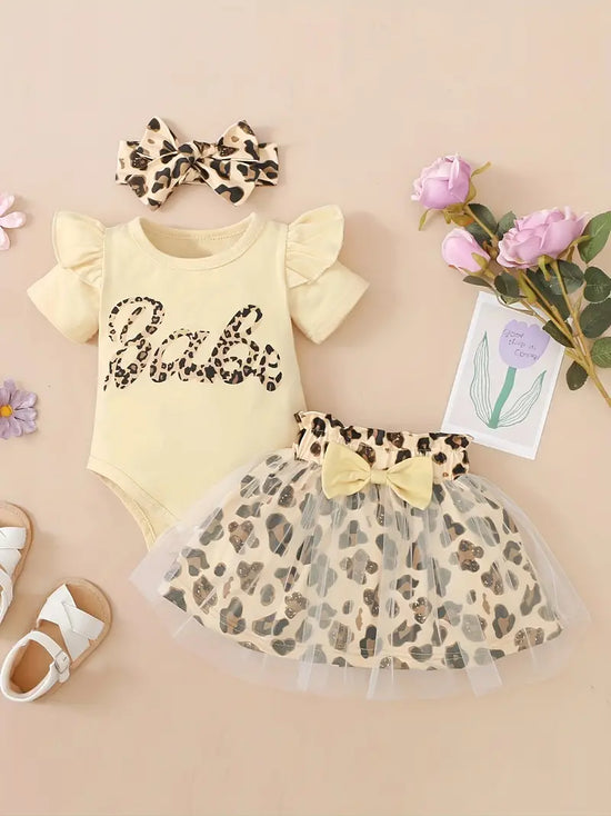 "Babe” Baby Girls Cotton Ruffle Short Sleeve Bodysuit + Matching Mesh Skirts + Headband with Leopard Print Baby Clothes