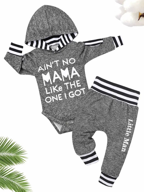 “Aint No Mama Like the One I Got” Baby Boys Casual Striped Letter Print Hooded Romper & Pants