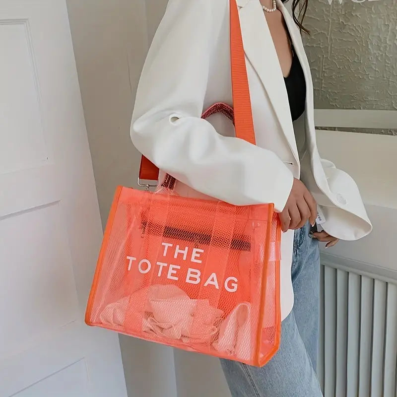THE TOTE BAG - Letter Graphic Clear Tote Bag, Women's Plastic Shoulder Bag, Large Capacity Travel Beach/Stadium Bag