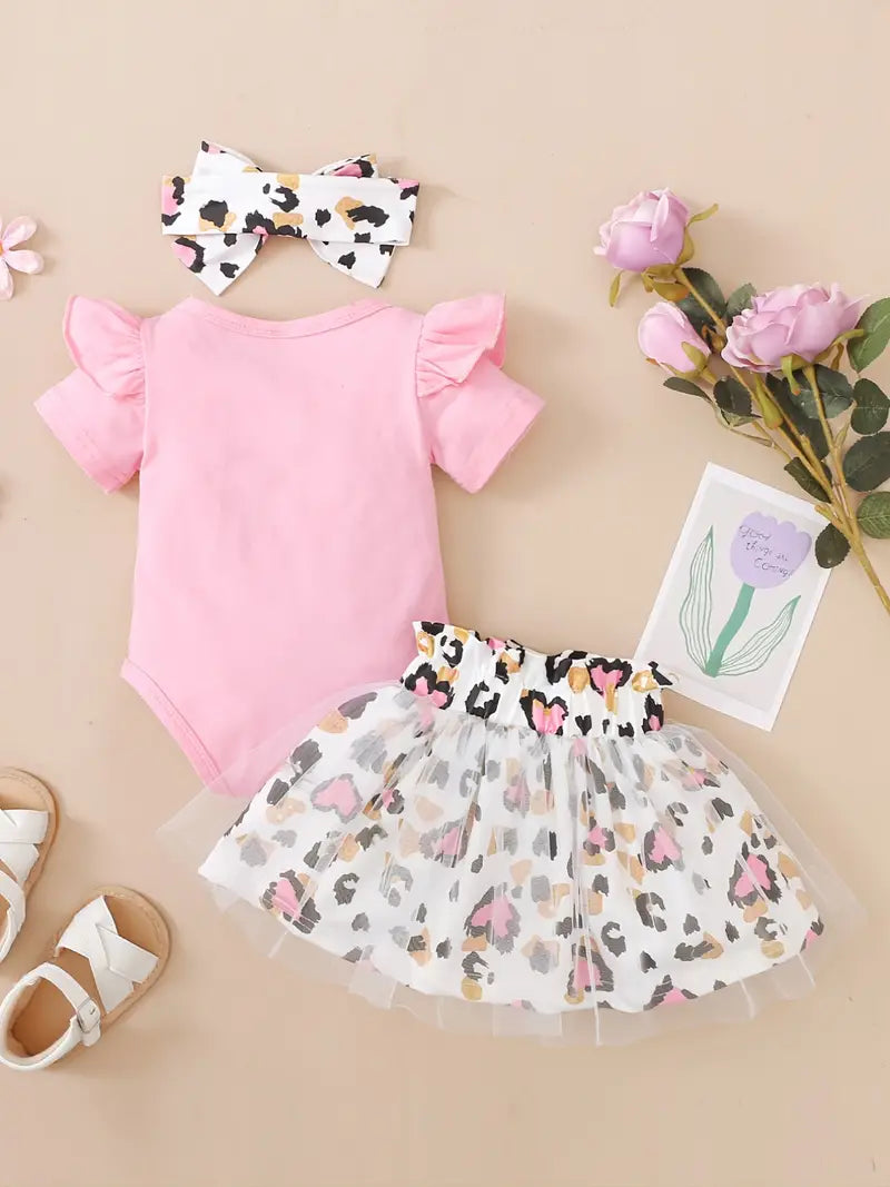 "Babe” Baby Girls Cotton Ruffle Short Sleeve Bodysuit + Matching Mesh Skirts + Headband with Leopard Print Baby Clothes