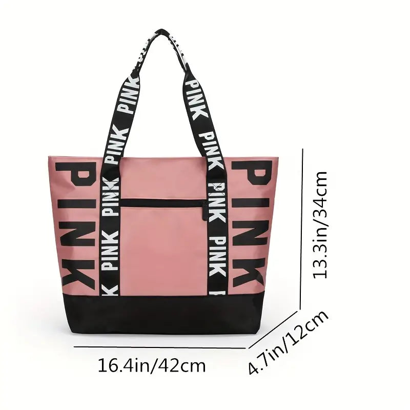 PINK Letter Graphic Tote Bag, Large-capacity Sports Gym Bag, Casual Nylon Travel Luggage Bag