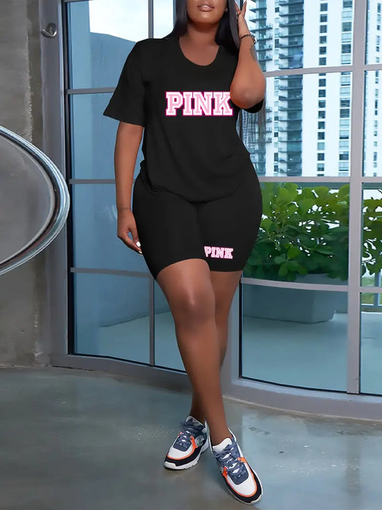 PINK - Women's Plus Letter Print Short Sleeve T-shirt & Biker Shorts 2pcs Set.