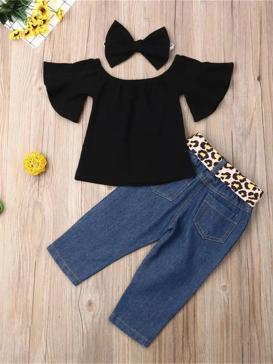 Toddler Girls Off Shoulder Top & Jeans with Leopard Belt & Headband 4pcs/set