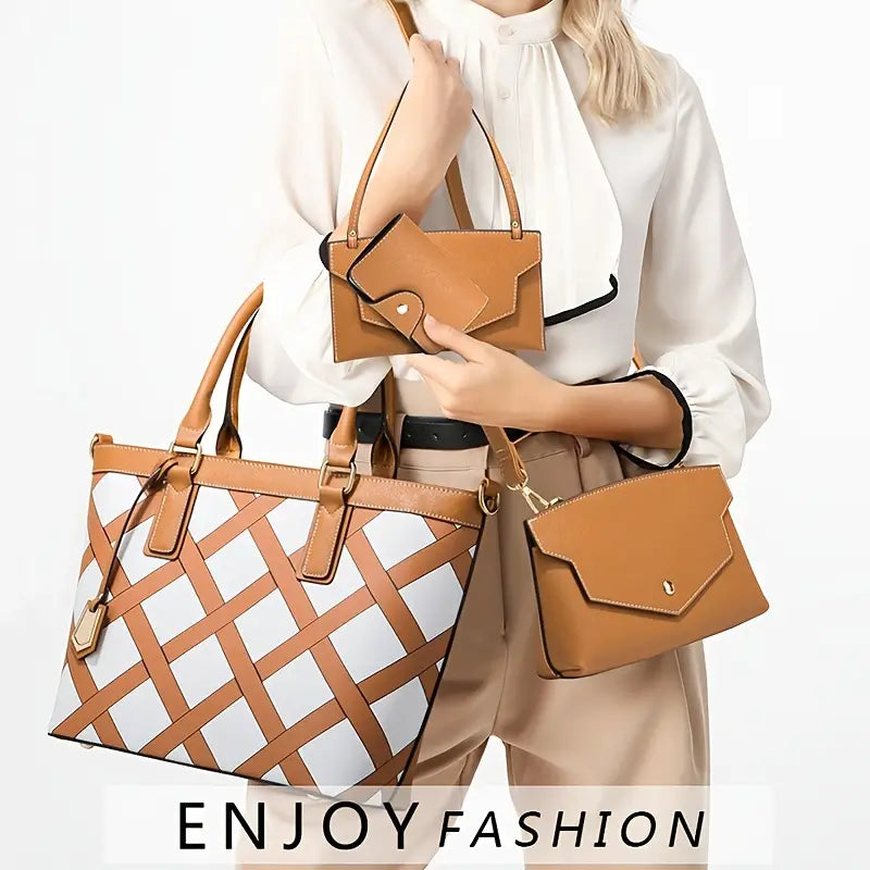 4pcs Rhombus Pattern Tote Bag Set, Women's Shoulder Handbag & Crossbody Purse & Clutch Bag & Card Bag