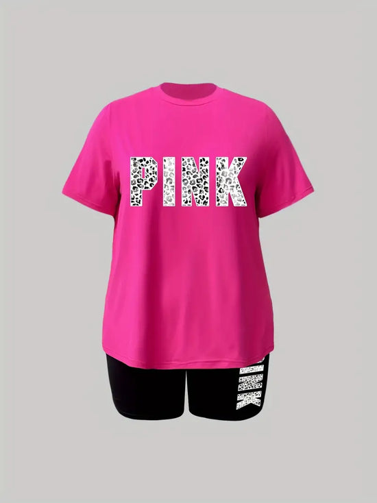 PINK - Women's Plus Leopard Letter Print Short Sleeve T-shirt & Shorts 2pc Set